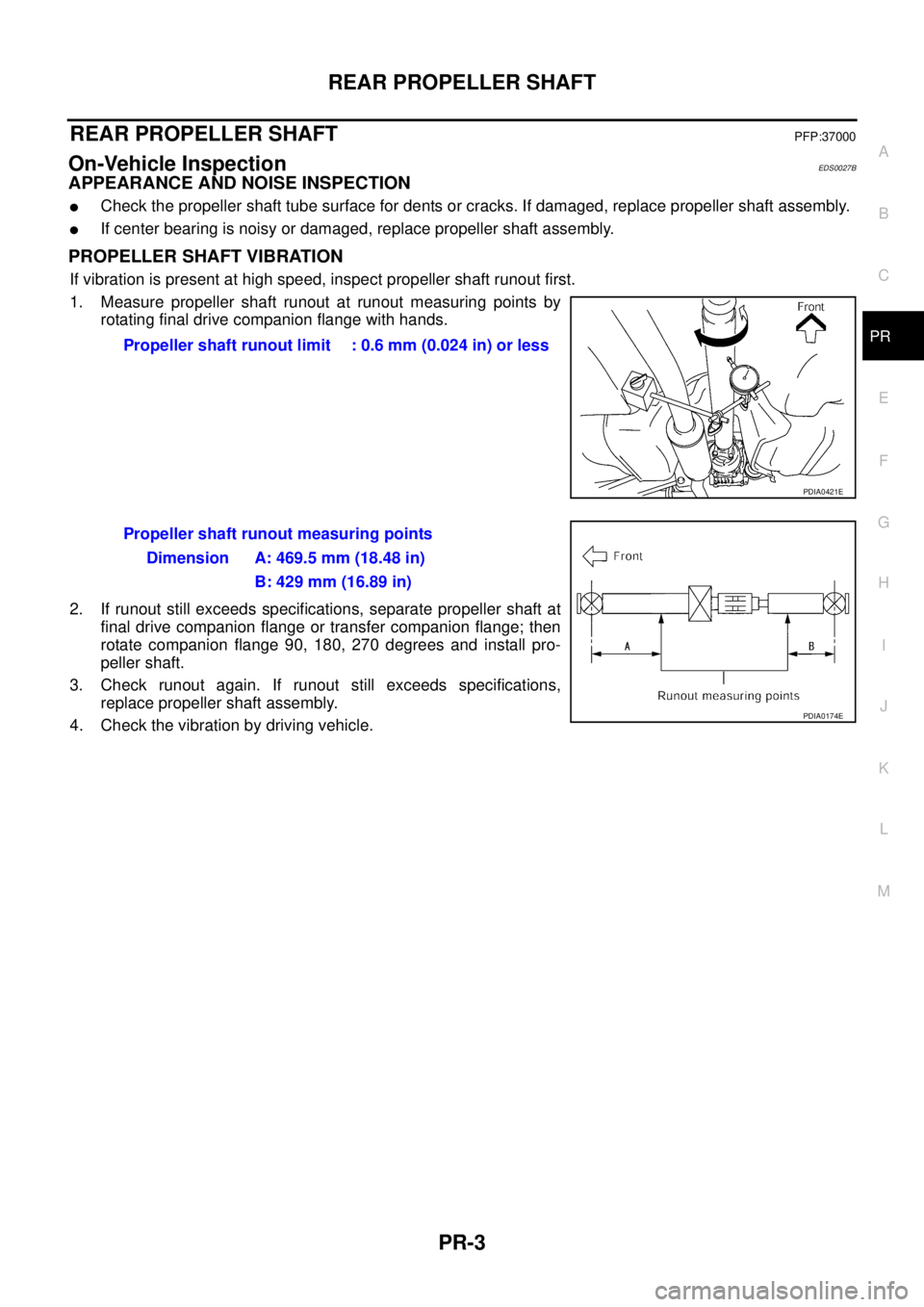NISSAN X-TRAIL 2005  Service Repair Manual REAR PROPELLER SHAFT
PR-3
C
E
F
G
H
I
J
K
L
MA
B
PR
 
REAR PROPELLER SHAFTPFP:37000
On-Vehicle InspectionEDS0027B
APPEARANCE AND NOISE INSPECTION
Check the propeller shaft tube surface for dents or c