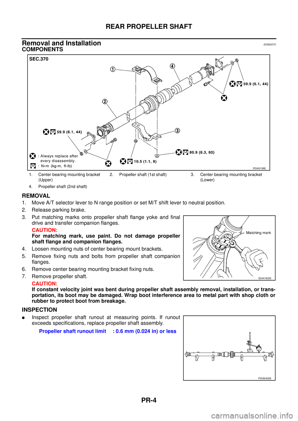 NISSAN X-TRAIL 2005  Service Repair Manual PR-4
REAR PROPELLER SHAFT
 
Removal and InstallationEDS0027C
COMPONENTS
REMOVAL
1. Move A/T selector lever to N range position or set M/T shift lever to neutral position.
2. Release parking brake.
3. 