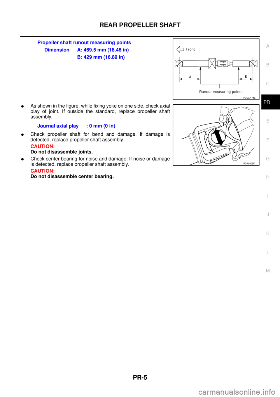 NISSAN X-TRAIL 2005  Service Repair Manual REAR PROPELLER SHAFT
PR-5
C
E
F
G
H
I
J
K
L
MA
B
PR
 As shown in the figure, while fixing yoke on one side, check axial
play of joint. If outside the standard, replace propeller shaft
assembly.
Chec