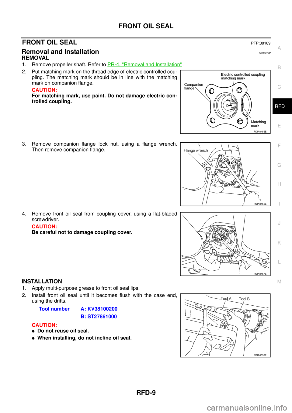 NISSAN X-TRAIL 2005  Service Repair Manual FRONT OIL SEAL
RFD-9
C
E
F
G
H
I
J
K
L
MA
B
RFD
 
FRONT OIL SEALPFP:38189
Removal and InstallationEDS001Z2
REMOVAL
1. Remove propeller shaft. Refer to PR-4, "Removal and Installation" .
2. Put matchin