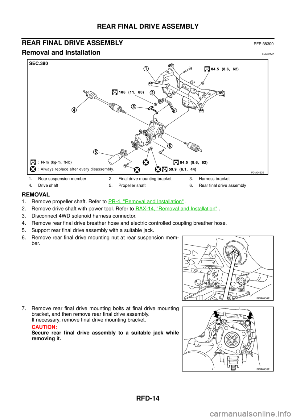 NISSAN X-TRAIL 2005  Service Repair Manual RFD-14
REAR FINAL DRIVE ASSEMBLY
 
REAR FINAL DRIVE ASSEMBLYPFP:38300
Removal and InstallationEDS001ZA
REMOVAL
1. Remove propeller shaft. Refer to PR-4, "Removal and Installation" .
2. Remove drive sh