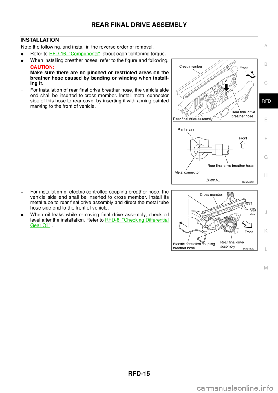 NISSAN X-TRAIL 2005  Service Repair Manual REAR FINAL DRIVE ASSEMBLY
RFD-15
C
E
F
G
H
I
J
K
L
MA
B
RFD
 
INSTALLATION
Note the following, and install in the reverse order of removal.
Refer to RFD-16, "Components"  about each tightening torque
