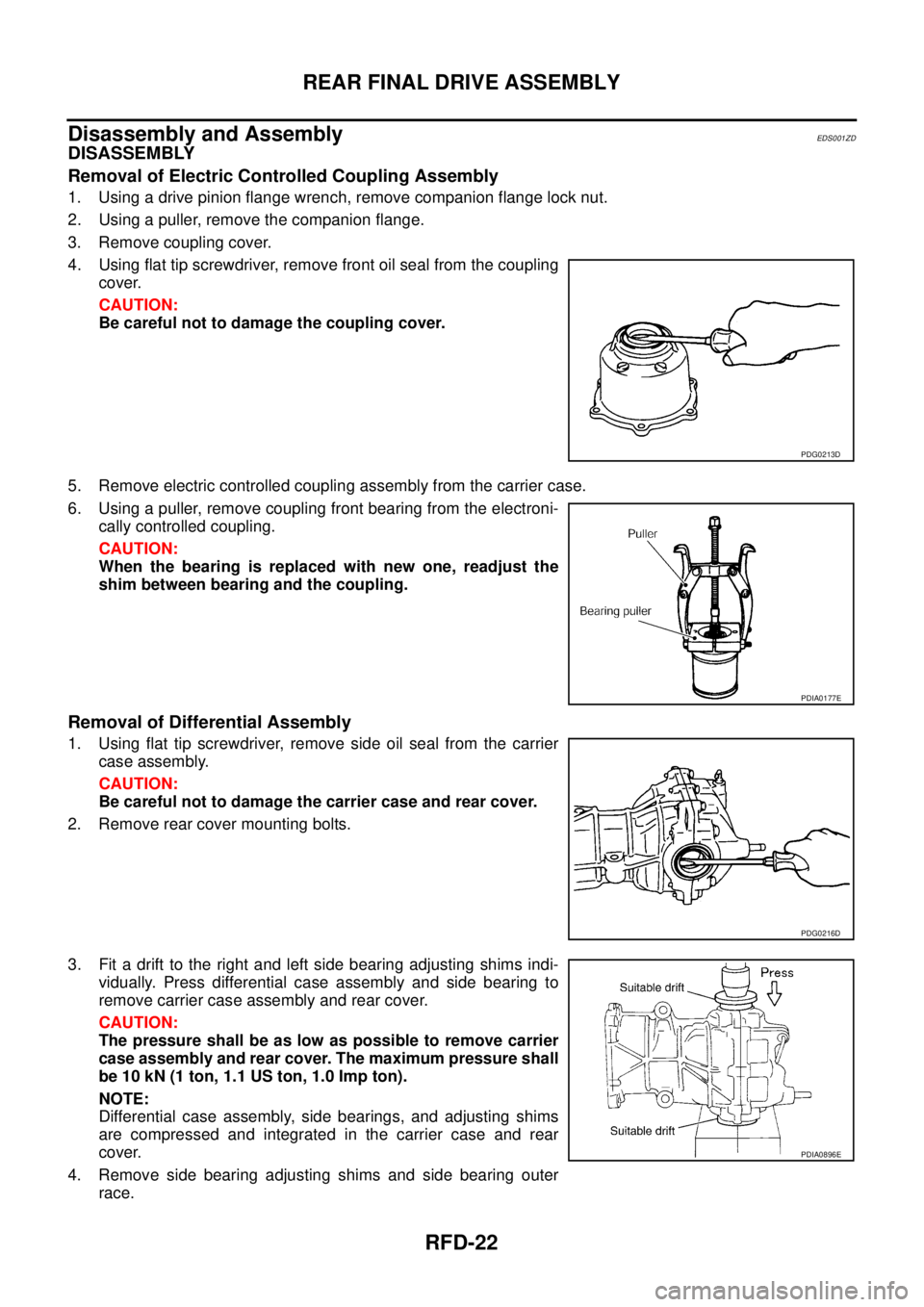 NISSAN X-TRAIL 2005  Service Repair Manual RFD-22
REAR FINAL DRIVE ASSEMBLY
 
Disassembly and AssemblyEDS001ZD
DISASSEMBLY
Removal of Electric Controlled Coupling Assembly
1. Using a drive pinion flange wrench, remove companion flange lock nut