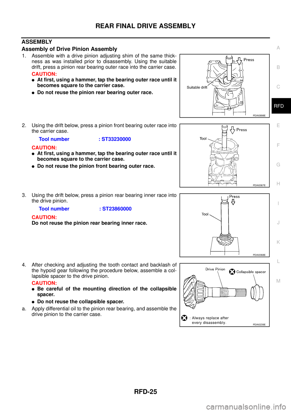 NISSAN X-TRAIL 2005  Service Repair Manual REAR FINAL DRIVE ASSEMBLY
RFD-25
C
E
F
G
H
I
J
K
L
MA
B
RFD
 
ASSEMBLY
Assembly of Drive Pinion Assembly
1. Assemble with a drive pinion adjusting shim of the same thick-
ness as was installed prior t