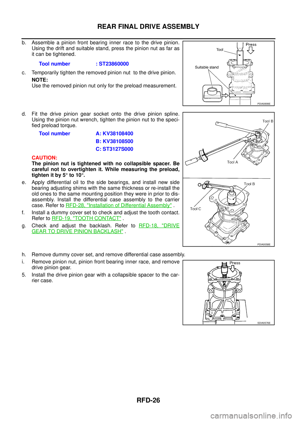 NISSAN X-TRAIL 2005  Service Repair Manual RFD-26
REAR FINAL DRIVE ASSEMBLY
 
b. Assemble a pinion front bearing inner race to the drive pinion.
Using the drift and suitable stand, press the pinion nut as far as
it can be tightened.
c. Tempora