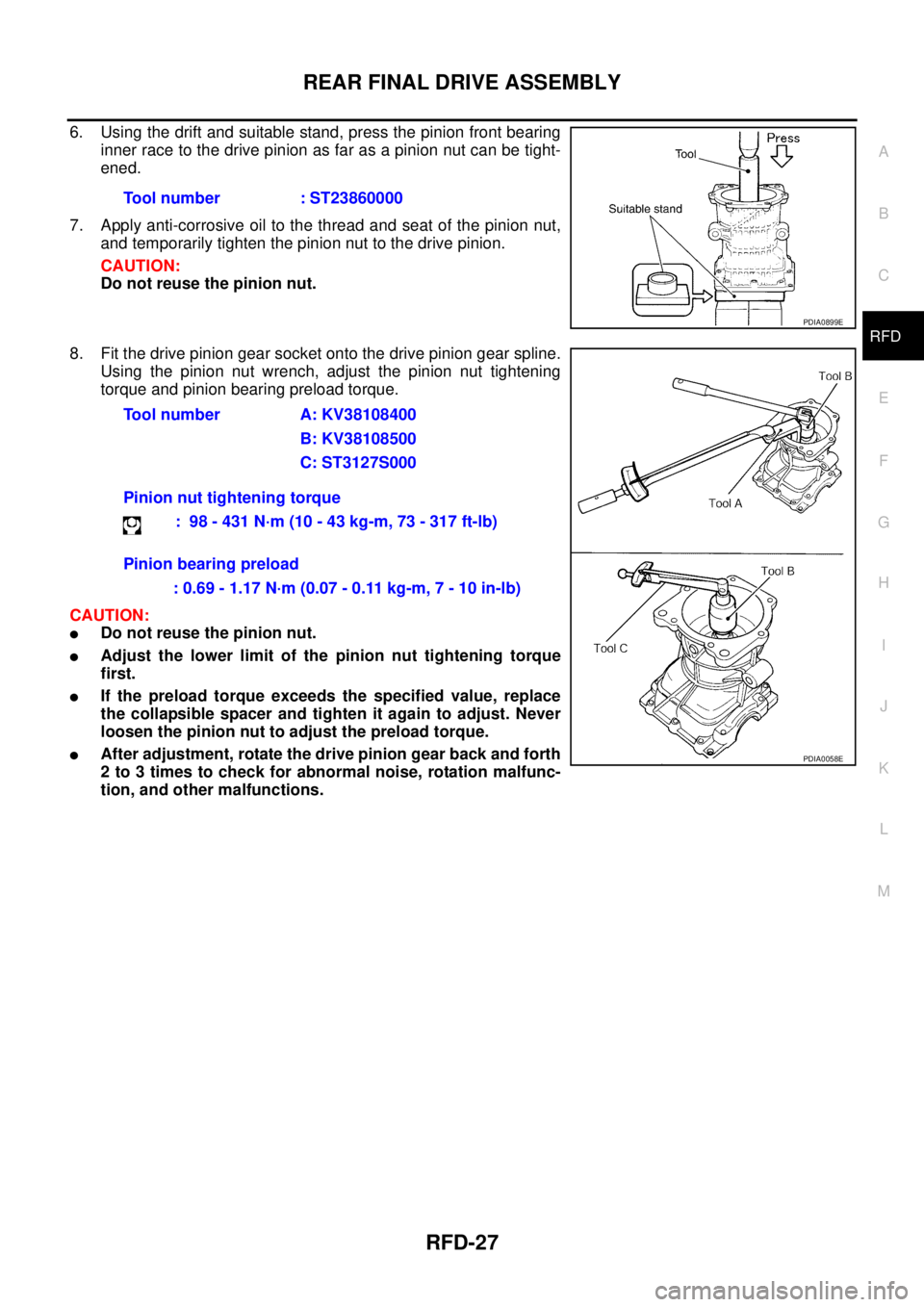 NISSAN X-TRAIL 2005  Service Repair Manual REAR FINAL DRIVE ASSEMBLY
RFD-27
C
E
F
G
H
I
J
K
L
MA
B
RFD
 
6. Using the drift and suitable stand, press the pinion front bearing
inner race to the drive pinion as far as a pinion nut can be tight-
