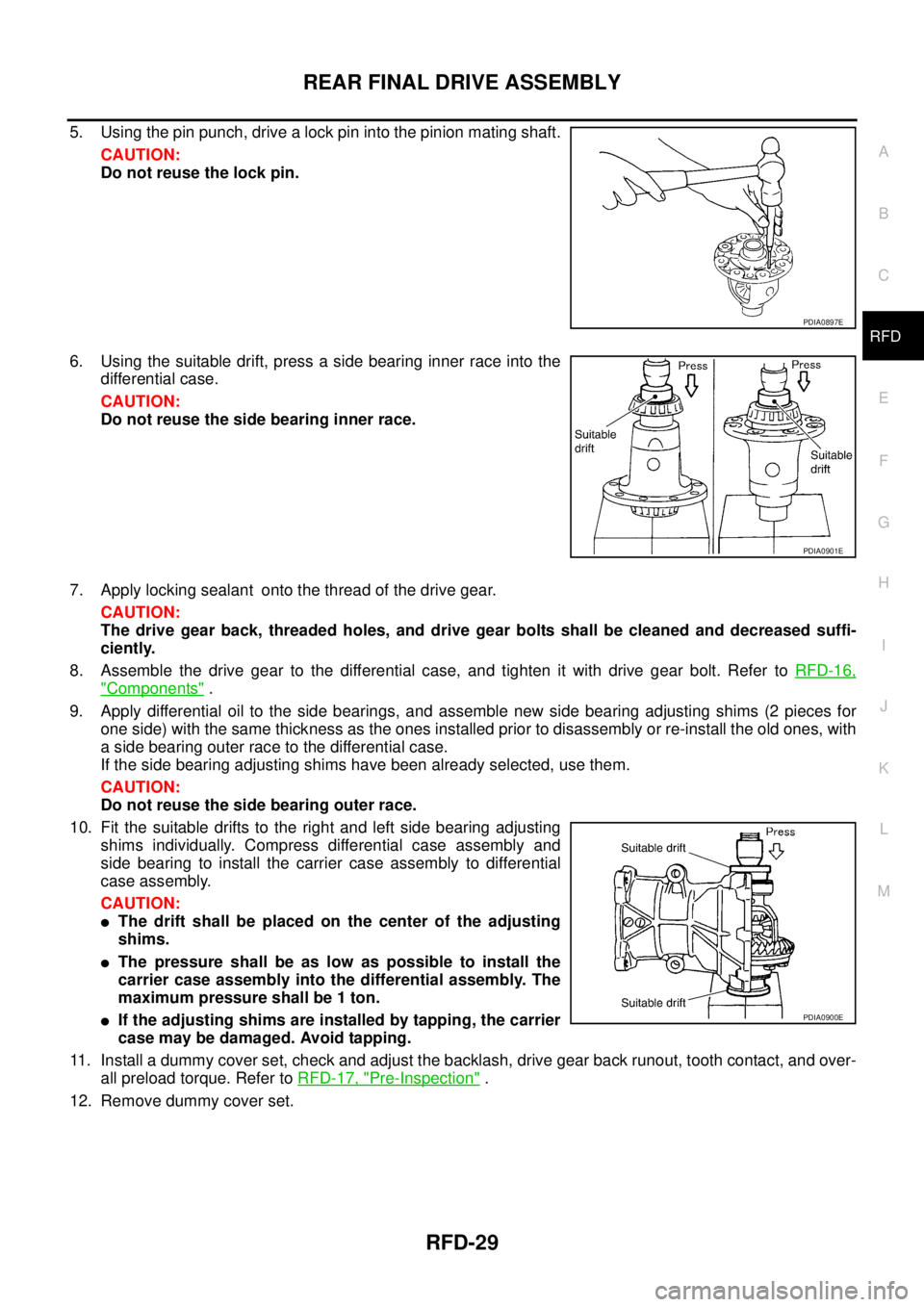 NISSAN X-TRAIL 2005  Service Repair Manual REAR FINAL DRIVE ASSEMBLY
RFD-29
C
E
F
G
H
I
J
K
L
MA
B
RFD
 
5. Using the pin punch, drive a lock pin into the pinion mating shaft.
CAUTION:
Do not reuse the lock pin.
6. Using the suitable drift, pr