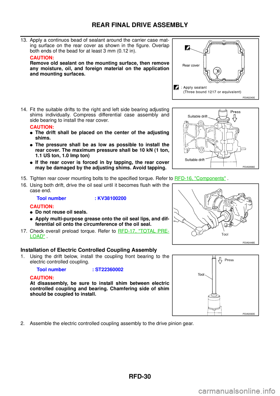 NISSAN X-TRAIL 2005  Service Repair Manual RFD-30
REAR FINAL DRIVE ASSEMBLY
 
13. Apply a continuos bead of sealant around the carrier case mat-
ing surface on the rear cover as shown in the figure. Overlap
both ends of the bead for at least 3