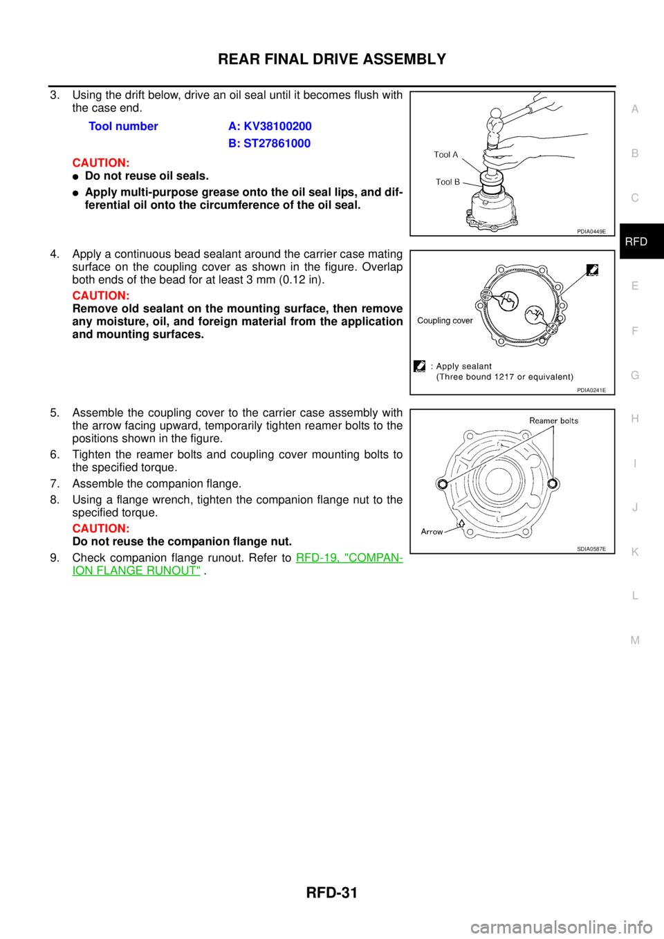 NISSAN X-TRAIL 2005  Service Repair Manual REAR FINAL DRIVE ASSEMBLY
RFD-31
C
E
F
G
H
I
J
K
L
MA
B
RFD
 
3. Using the drift below, drive an oil seal until it becomes flush with
the case end.
CAUTION:
Do not reuse oil seals.
Apply multi-purpo