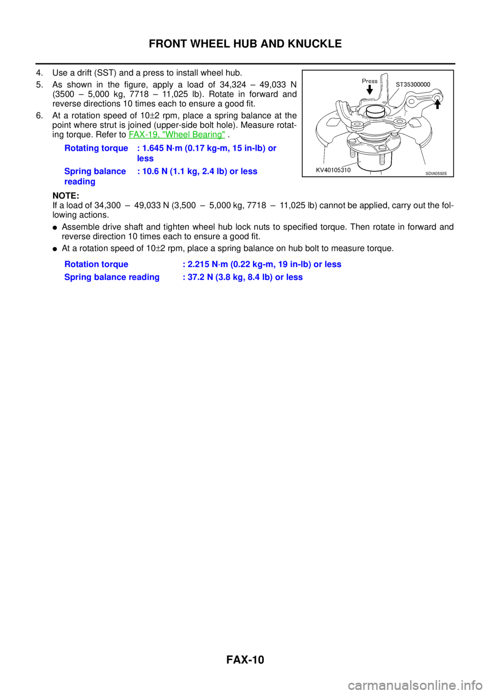 NISSAN X-TRAIL 2005  Service Repair Manual FAX-10
FRONT WHEEL HUB AND KNUCKLE
 
4. Use a drift (SST) and a press to install wheel hub.
5. As shown in the figure, apply a load of 34,324 – 49,033 N
(3500 – 5,000 kg, 7718 – 11,025 lb). Rota