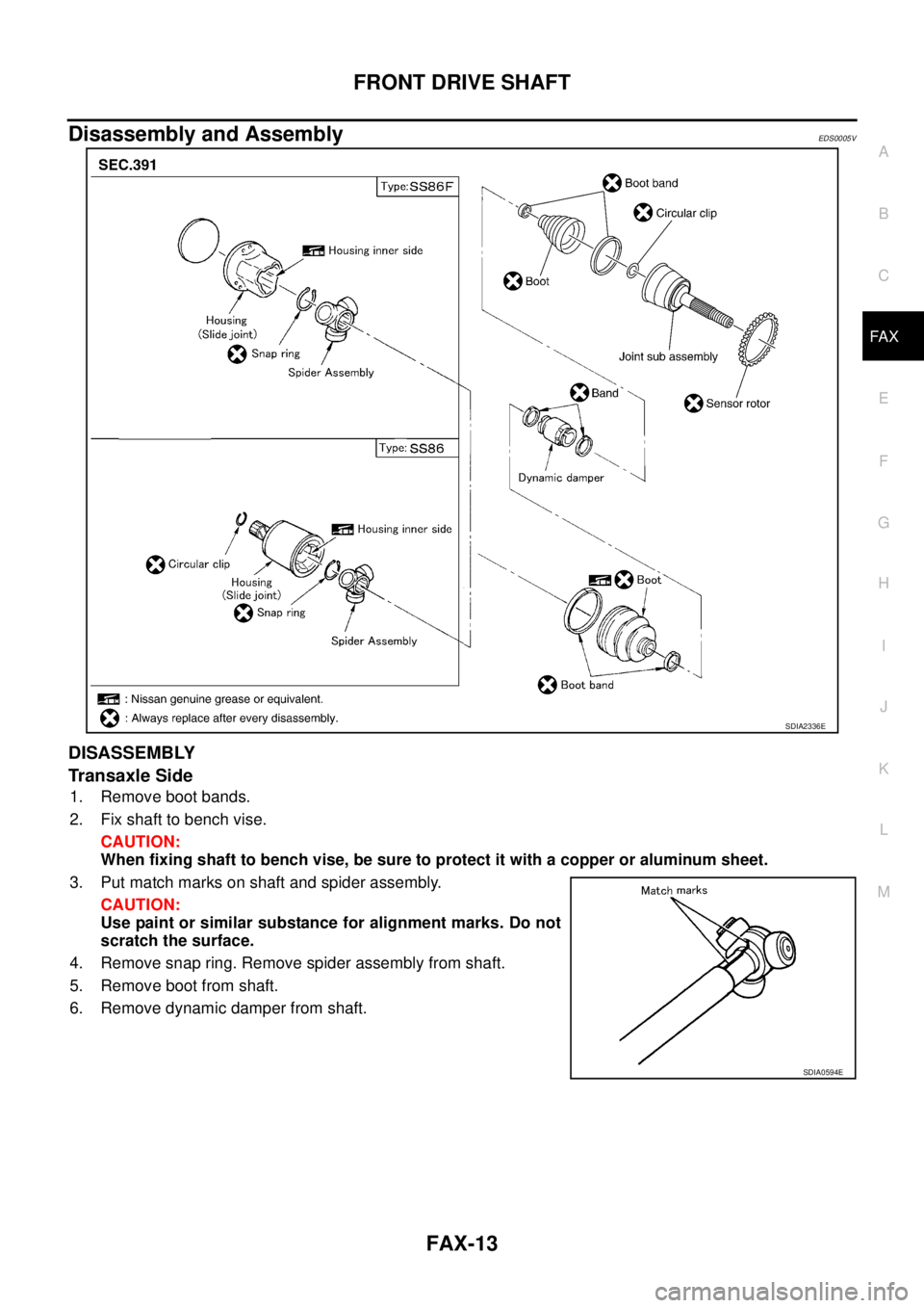NISSAN X-TRAIL 2005  Service Repair Manual FRONT DRIVE SHAFT
FAX-13
C
E
F
G
H
I
J
K
L
MA
B
FA X
 
Disassembly and AssemblyEDS0005V
DISASSEMBLY
Transaxle Side
1. Remove boot bands.
2. Fix shaft to bench vise.
CAUTION:
When fixing shaft to bench