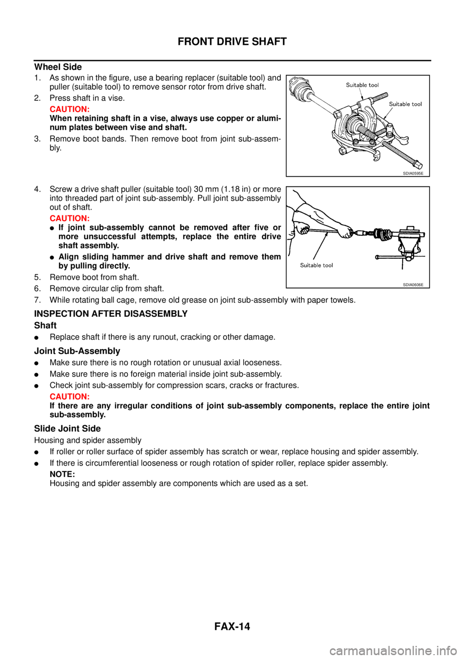 NISSAN X-TRAIL 2005  Service Repair Manual FAX-14
FRONT DRIVE SHAFT
 
Wheel Side
1. As shown in the figure, use a bearing replacer (suitable tool) and
puller (suitable tool) to remove sensor rotor from drive shaft.
2. Press shaft in a vise.
CA