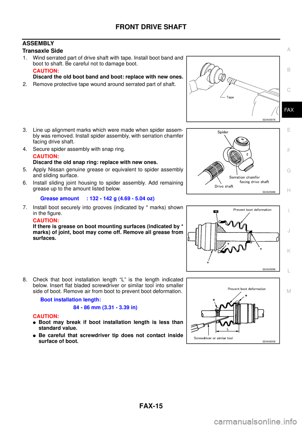 NISSAN X-TRAIL 2005  Service Repair Manual FRONT DRIVE SHAFT
FAX-15
C
E
F
G
H
I
J
K
L
MA
B
FA X
 
ASSEMBLY
Transaxle Side
1. Wind serrated part of drive shaft with tape. Install boot band and
boot to shaft. Be careful not to damage boot.
CAUTI
