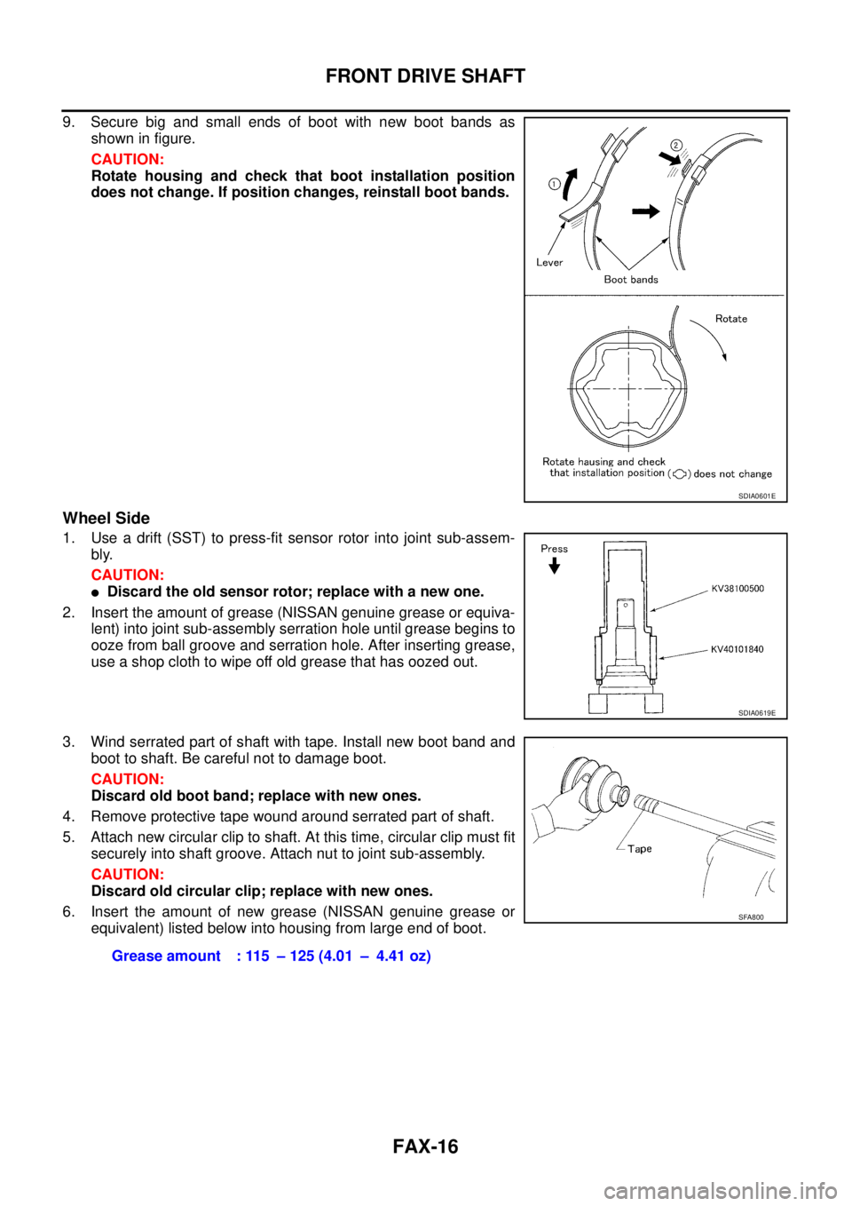 NISSAN X-TRAIL 2005  Service Repair Manual FAX-16
FRONT DRIVE SHAFT
 
9. Secure big and small ends of boot with new boot bands as
shown in figure.
CAUTION:
Rotate housing and check that boot installation position
does not change. If position c