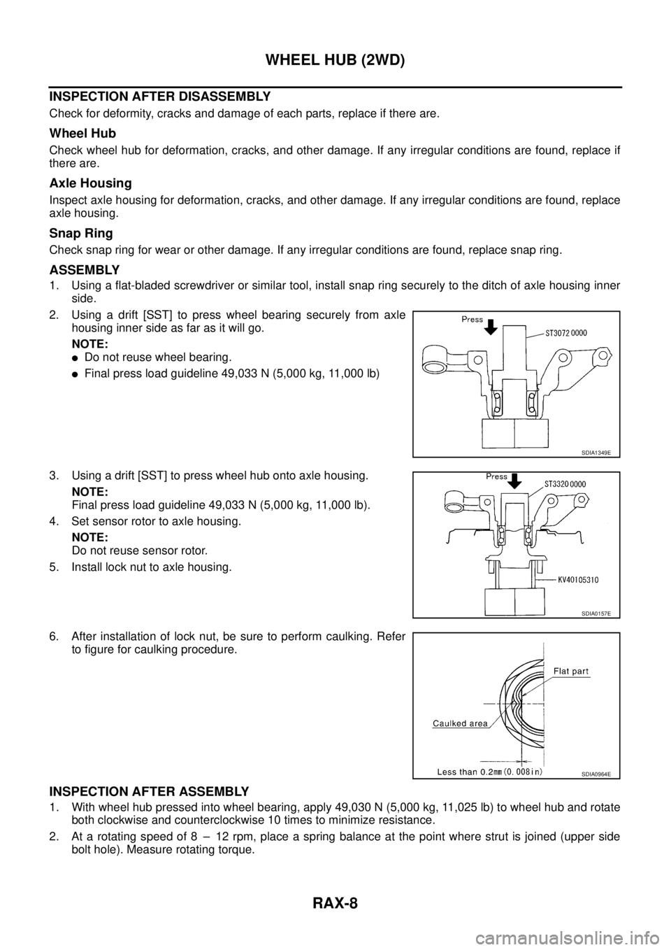 NISSAN X-TRAIL 2005  Service Repair Manual RAX-8
WHEEL HUB (2WD)
 
INSPECTION AFTER DISASSEMBLY
Check for deformity, cracks and damage of each parts, replace if there are.
Wheel Hub
Check wheel hub for deformation, cracks, and other damage. If