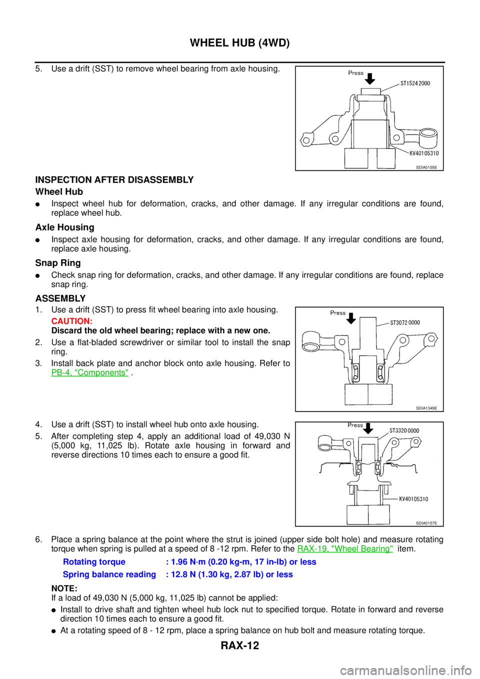 NISSAN X-TRAIL 2005  Service Repair Manual RAX-12
WHEEL HUB (4WD)
 
5. Use a drift (SST) to remove wheel bearing from axle housing.
INSPECTION AFTER DISASSEMBLY
Wheel Hub
Inspect wheel hub for deformation, cracks, and other damage. If any irr