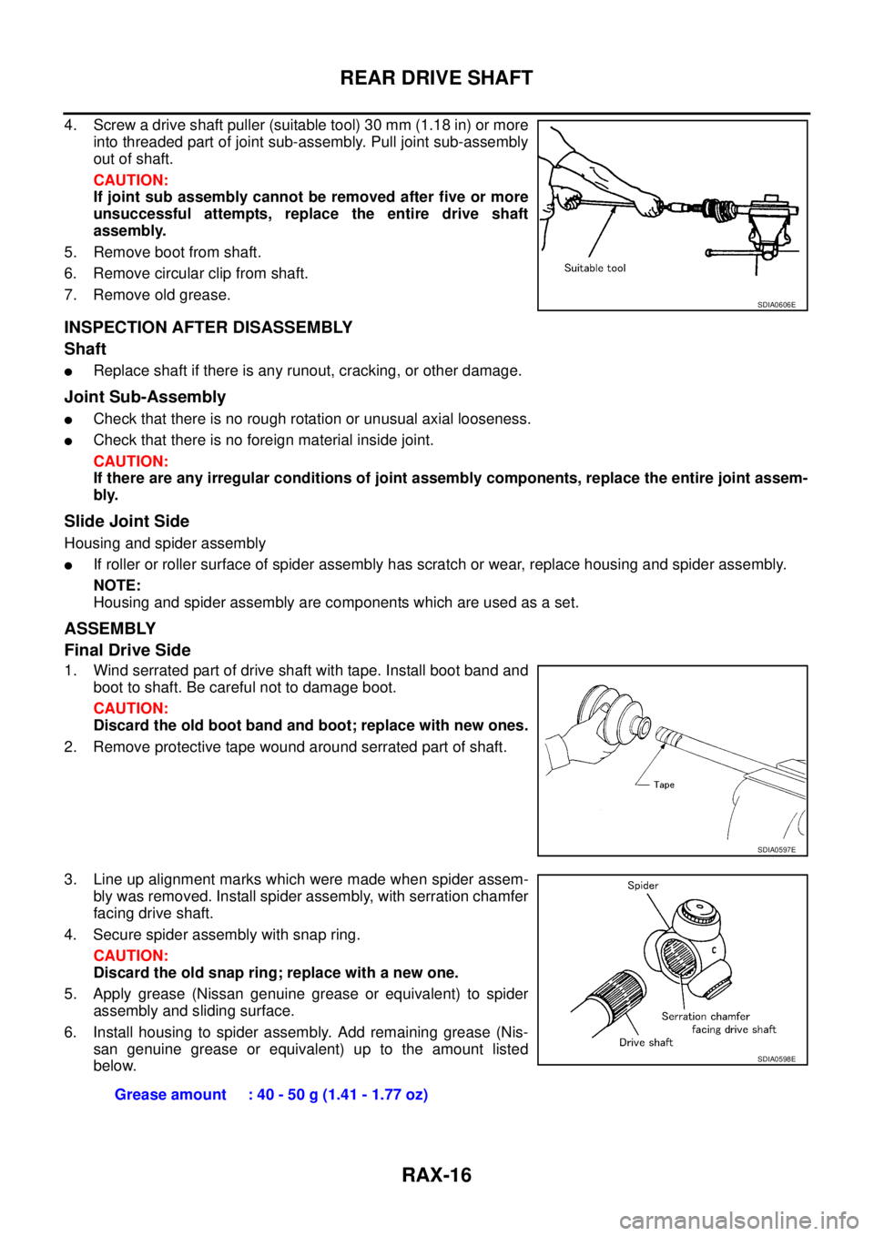 NISSAN X-TRAIL 2005  Service Repair Manual RAX-16
REAR DRIVE SHAFT
 
4. Screw a drive shaft puller (suitable tool) 30 mm (1.18 in) or more
into threaded part of joint sub-assembly. Pull joint sub-assembly
out of shaft.
CAUTION:
If joint sub as