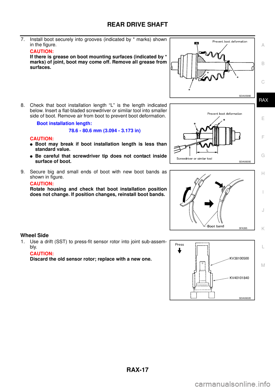 NISSAN X-TRAIL 2005  Service Repair Manual REAR DRIVE SHAFT
RAX-17
C
E
F
G
H
I
J
K
L
MA
B
RAX
 
7. Install boot securely into grooves (indicated by * marks) shown
in the figure.
CAUTION:
If there is grease on boot mounting surfaces (indicated 