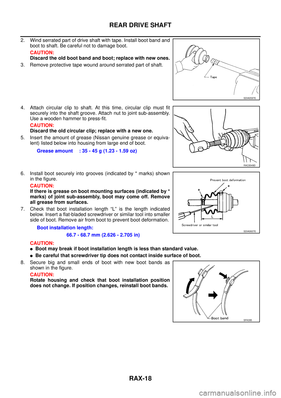 NISSAN X-TRAIL 2005  Service Repair Manual RAX-18
REAR DRIVE SHAFT
 
2. Wind serrated part of drive shaft with tape. Install boot band and
boot to shaft. Be careful not to damage boot.
CAUTION:
Discard the old boot band and boot; replace with 
