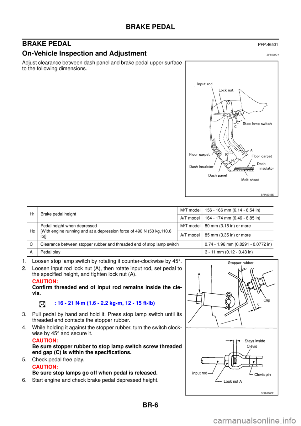 NISSAN X-TRAIL 2005  Service Repair Manual BR-6
BRAKE PEDAL
 
BRAKE PEDALPFP:46501
On-Vehicle Inspection and AdjustmentEFS000C1
Adjust clearance between dash panel and brake pedal upper surface
to the following dimensions.
1. Loosen stop lamp 