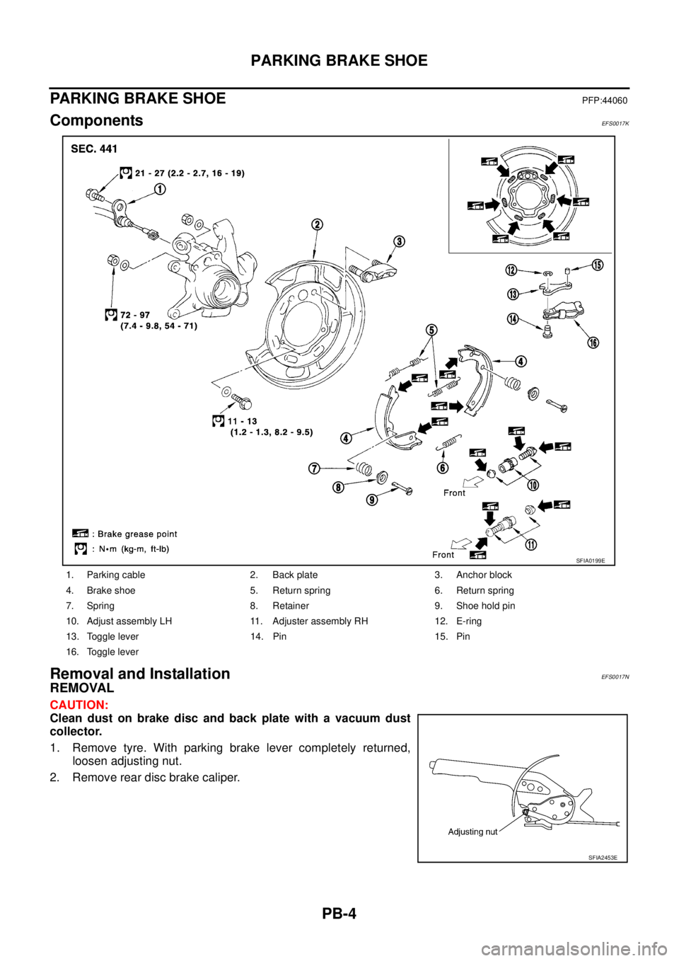 NISSAN X-TRAIL 2005  Service Repair Manual PB-4
PARKING BRAKE SHOE
 
PARKING BRAKE SHOEPFP:44060
ComponentsEFS0017K
Removal and InstallationEFS0017N
REMOVAL
CAUTION:
Clean dust on brake disc and back plate with a vacuum dust
collector.
1. Remo
