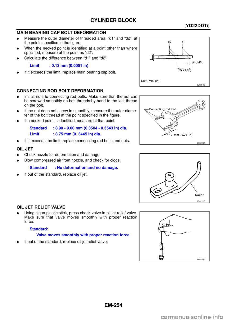 NISSAN X-TRAIL 2005  Service Repair Manual EM-254
[YD22DDTi]
CYLINDER BLOCK
 
MAIN BEARING CAP BOLT DEFORMATION
Measure the outer diameter of threaded area, “d1” and “d2”, at
the points specified in the figure.
When the necked point 
