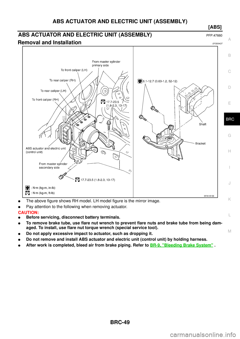 NISSAN X-TRAIL 2005  Service Repair Manual ABS ACTUATOR AND ELECTRIC UNIT (ASSEMBLY)
BRC-49
[ABS]
C
D
E
G
H
I
J
K
L
MA
B
BRC
 
ABS ACTUATOR AND ELECTRIC UNIT (ASSEMBLY)PFP:47660
Removal and InstallationEFS004GT
The above figure shows RH model