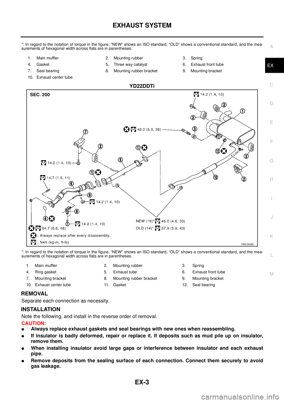 NISSAN X-TRAIL 2005  Service Repair Manual EXHAUST SYSTEM
EX-3
C
D
E
F
G
H
I
J
K
L
MA
EX
 
*: In regard to the notation of torque in the figure, “NEW” shows an ISO standard, “OLD” shows a conventional standard, and the mea-
surements o