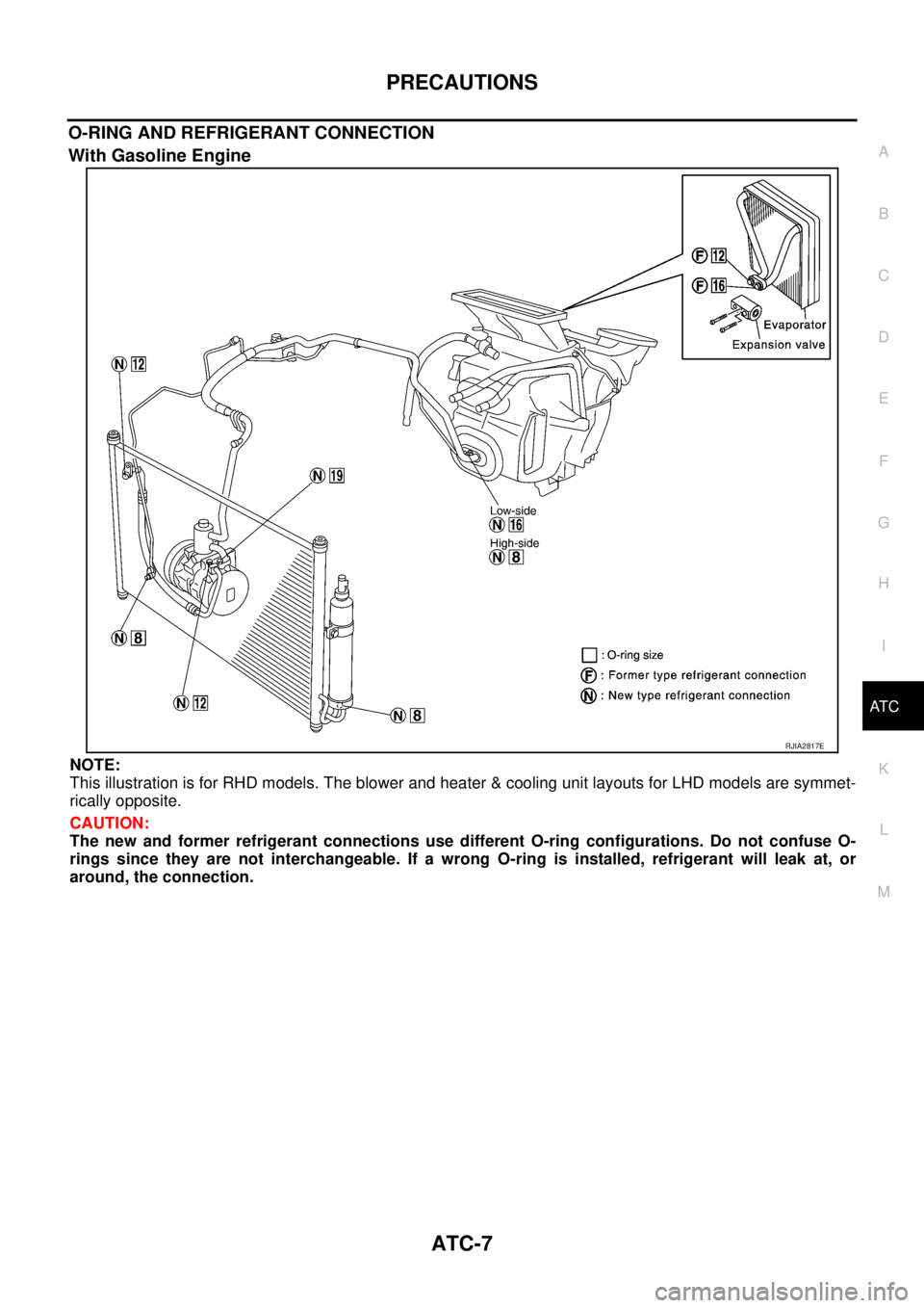 NISSAN X-TRAIL 2005  Service Repair Manual PRECAUTIONS
ATC-7
C
D
E
F
G
H
I
K
L
MA
B
AT C
 
O-RING AND REFRIGERANT CONNECTION
With Gasoline Engine
NOTE:
This illustration is for RHD models. The blower and heater & cooling unit layouts for LHD m