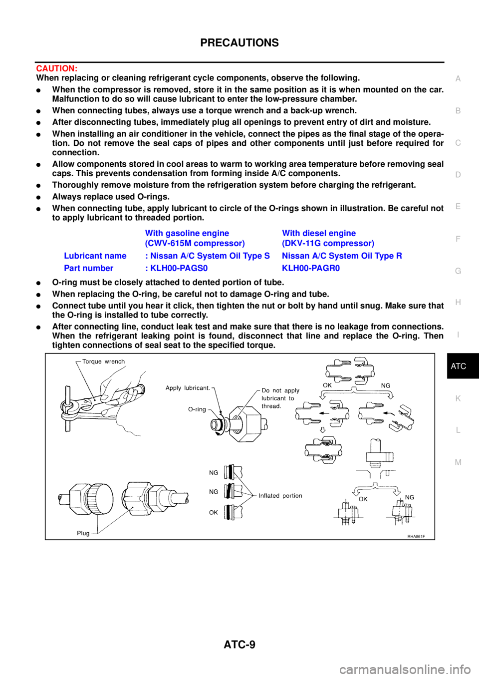 NISSAN X-TRAIL 2005  Service Repair Manual PRECAUTIONS
ATC-9
C
D
E
F
G
H
I
K
L
MA
B
AT C
 
CAUTION:
When replacing or cleaning refrigerant cycle components, observe the following.
When the compressor is removed, store it in the same position 