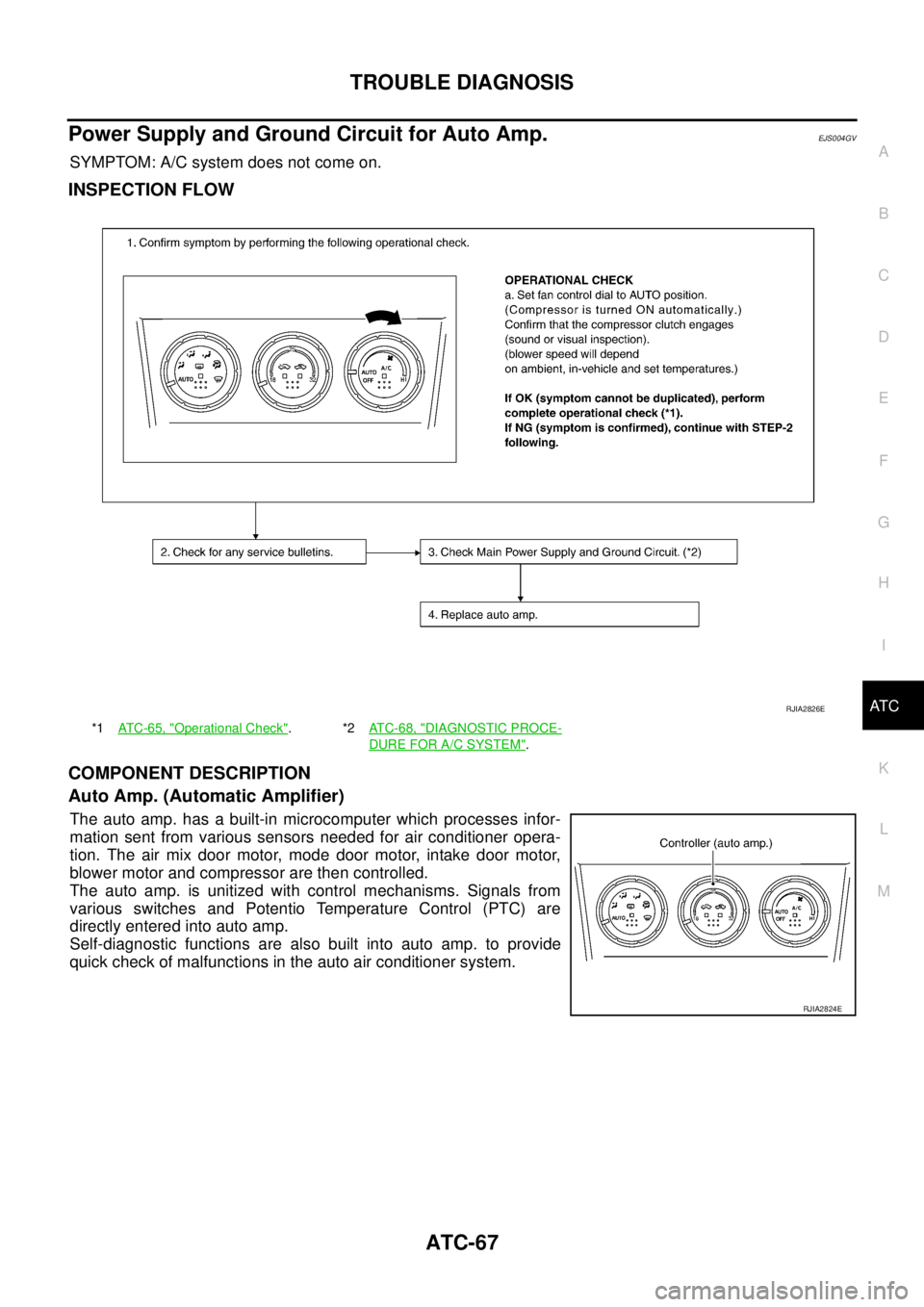 NISSAN X-TRAIL 2005 Service Repair Manual TROUBLE DIAGNOSIS
ATC-67
C
D
E
F
G
H
I
K
L
MA
B
AT C
Power Supply and Ground Circuit for Auto Amp.EJS004GV
SYMPTOM: A/C system does not come on.
INSPECTION FLOW
COMPONENT DESCRIPTION
Auto Amp. (Auto NISSAN X-TRAIL 2005 Service Repair Manual TROUBLE DIAGNOSIS
ATC-67
C
D
E
F
G
H
I
K
L
MA
B
AT C
Power Supply and Ground Circuit for Auto Amp.EJS004GV
SYMPTOM: A/C system does not come on.
INSPECTION FLOW
COMPONENT DESCRIPTION
Auto Amp. (Auto
