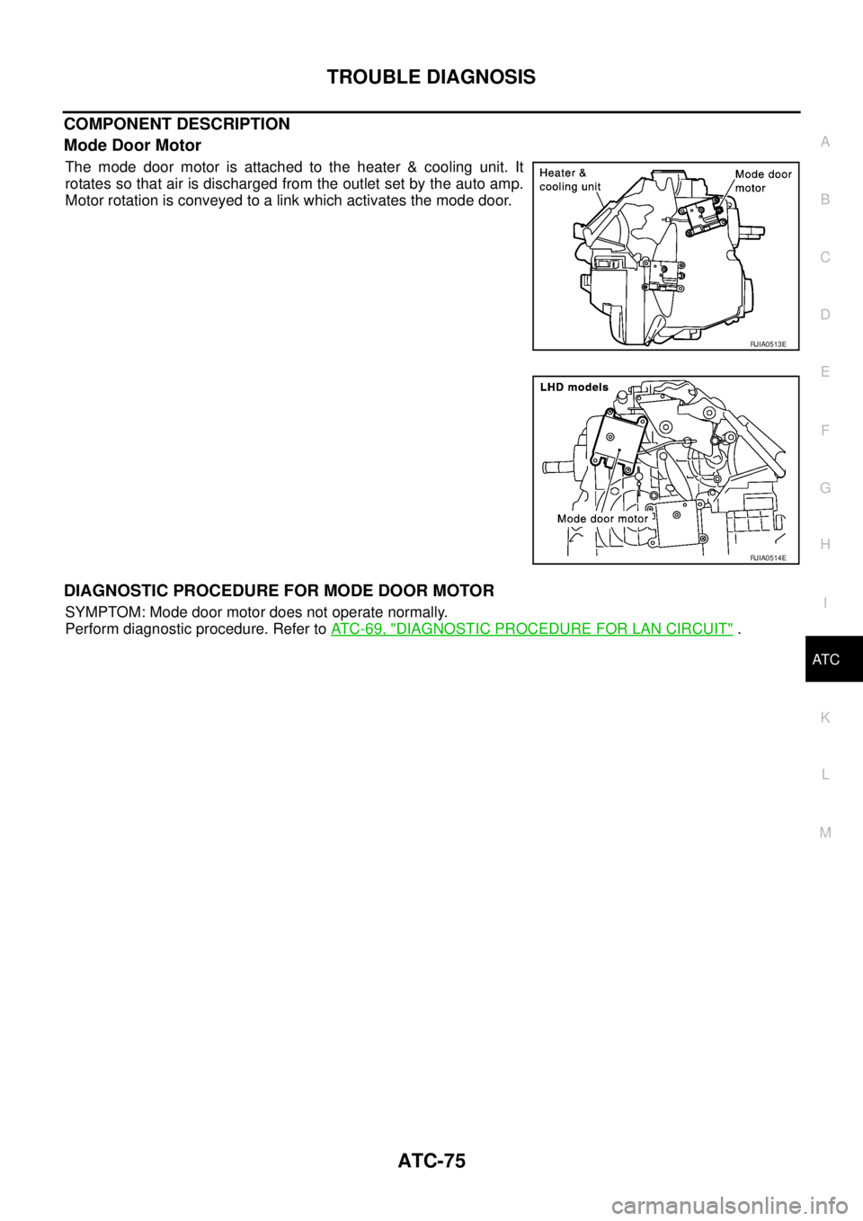 NISSAN X-TRAIL 2005  Service Repair Manual TROUBLE DIAGNOSIS
ATC-75
C
D
E
F
G
H
I
K
L
MA
B
AT C
 
COMPONENT DESCRIPTION
Mode Door Motor
The mode door motor is attached to the heater & cooling unit. It
rotates so that air is discharged from the
