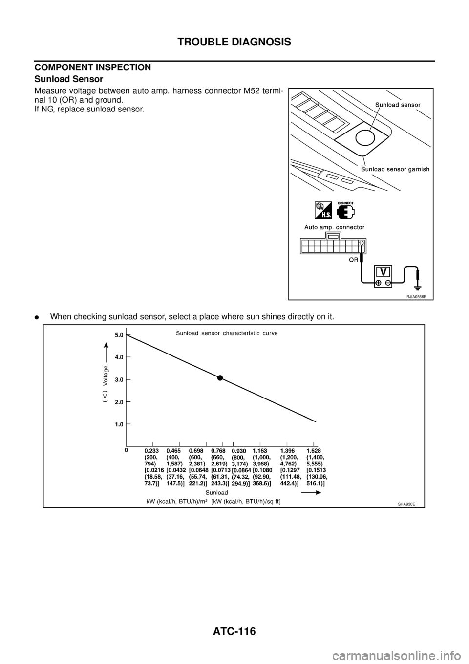 NISSAN X-TRAIL 2005  Service Repair Manual ATC-116
TROUBLE DIAGNOSIS
 
COMPONENT INSPECTION
Sunload Sensor
Measure voltage between auto amp. harness connector M52 termi-
nal 10 (OR) and ground.
If NG, replace sunload sensor.
When checking sun
