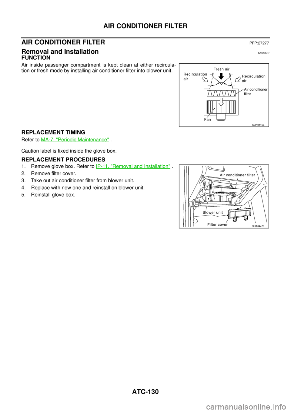 NISSAN X-TRAIL 2005  Service Repair Manual ATC-130
AIR CONDITIONER FILTER
 
AIR CONDITIONER FILTERPFP:27277
Removal and InstallationEJS005RT
FUNCTION
Air inside passenger compartment is kept clean at either recircula-
tion or fresh mode by ins