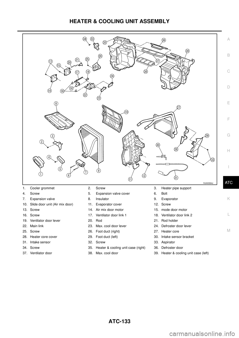 NISSAN X-TRAIL 2005  Service Repair Manual HEATER & COOLING UNIT ASSEMBLY
ATC-133
C
D
E
F
G
H
I
K
L
MA
B
AT C
 
1. Cooler grommet 2. Screw 3. Heater pipe support
4. Screw 5. Expansion valve cover 6. Bolt
7. Expansion valve 8. Insulator 9. Evap