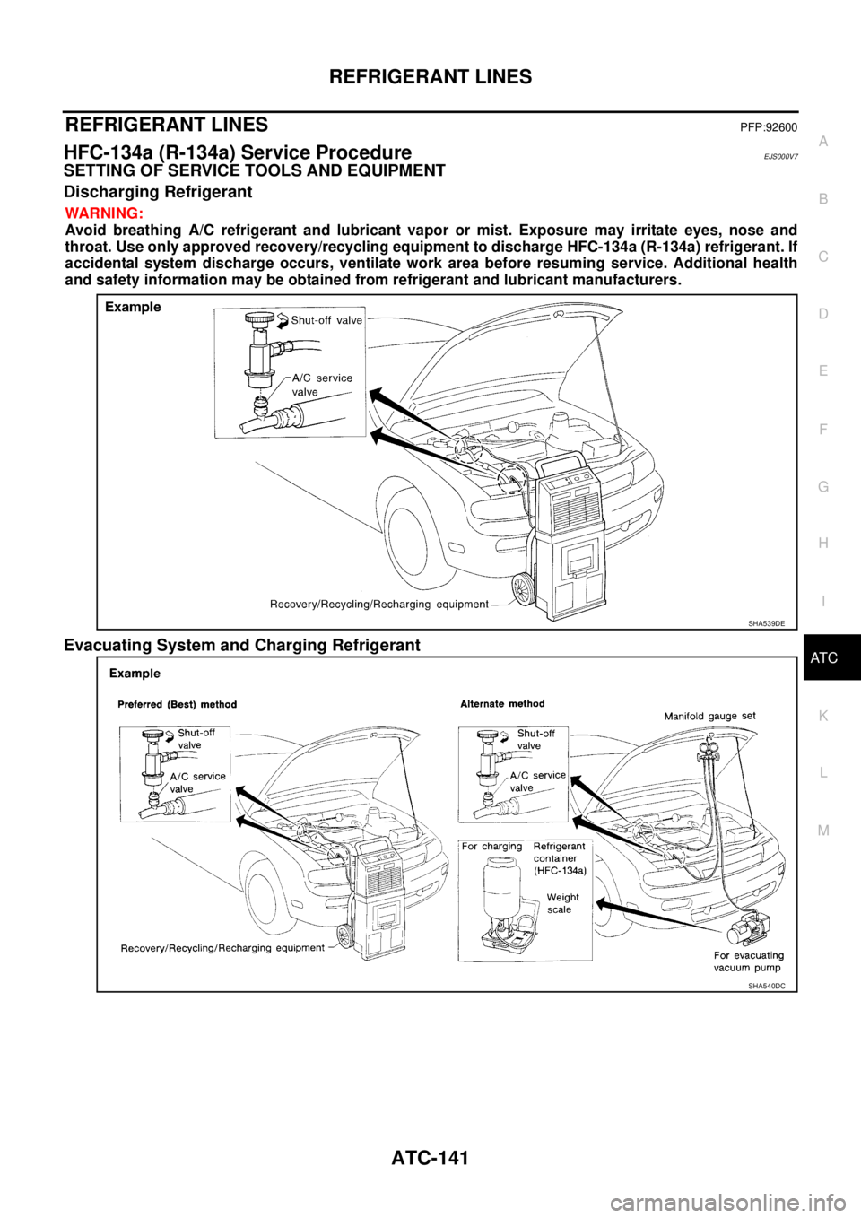 NISSAN X-TRAIL 2005  Service Repair Manual REFRIGERANT LINES
ATC-141
C
D
E
F
G
H
I
K
L
MA
B
AT C
 
REFRIGERANT LINESPFP:92600
HFC-134a (R-134a) Service ProcedureEJS000V7
SETTING OF SERVICE TOOLS AND EQUIPMENT
Discharging Refrigerant
WARNING:
A