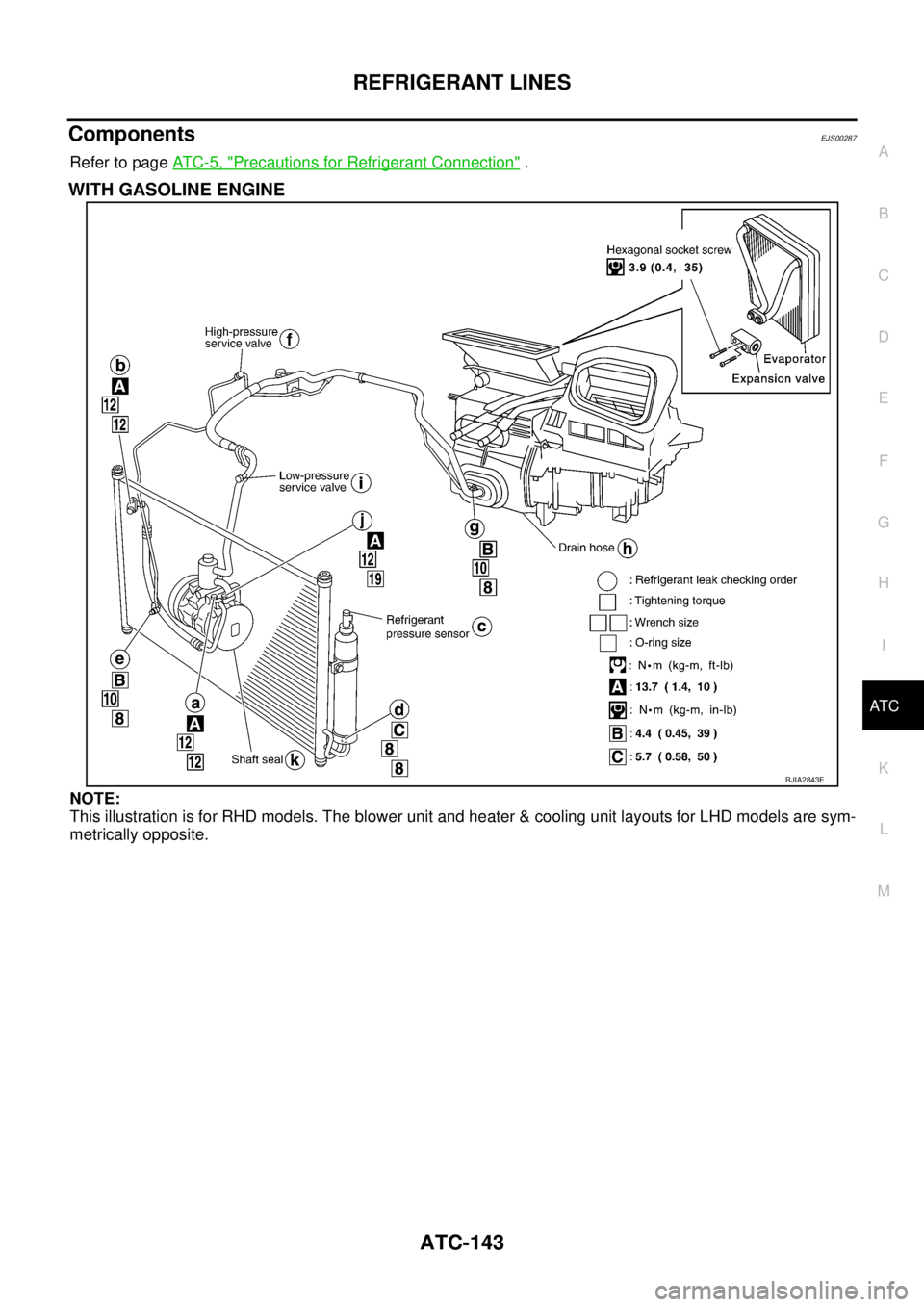 NISSAN X-TRAIL 2005  Service Repair Manual REFRIGERANT LINES
ATC-143
C
D
E
F
G
H
I
K
L
MA
B
AT C
 
ComponentsEJS00287
Refer to page AT C - 5 ,  "Precautions for Refrigerant Connection" .
WITH GASOLINE ENGINE
NOTE:
This illustration is for RHD 