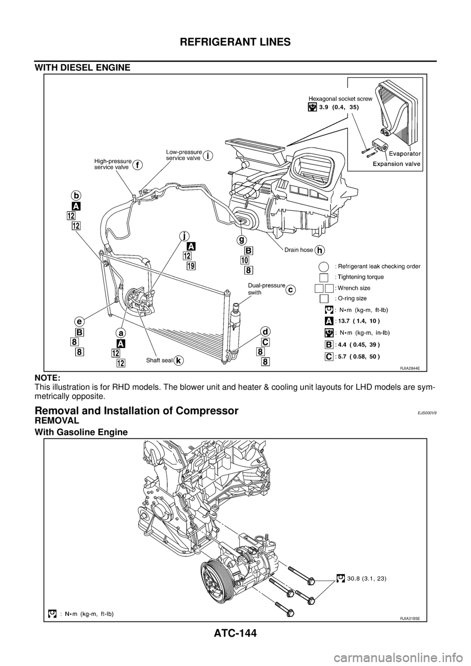 NISSAN X-TRAIL 2005  Service Repair Manual ATC-144
REFRIGERANT LINES
 
WITH DIESEL ENGINE
NOTE:
This illustration is for RHD models. The blower unit and heater & cooling unit layouts for LHD models are sym-
metrically opposite.
Removal and Ins