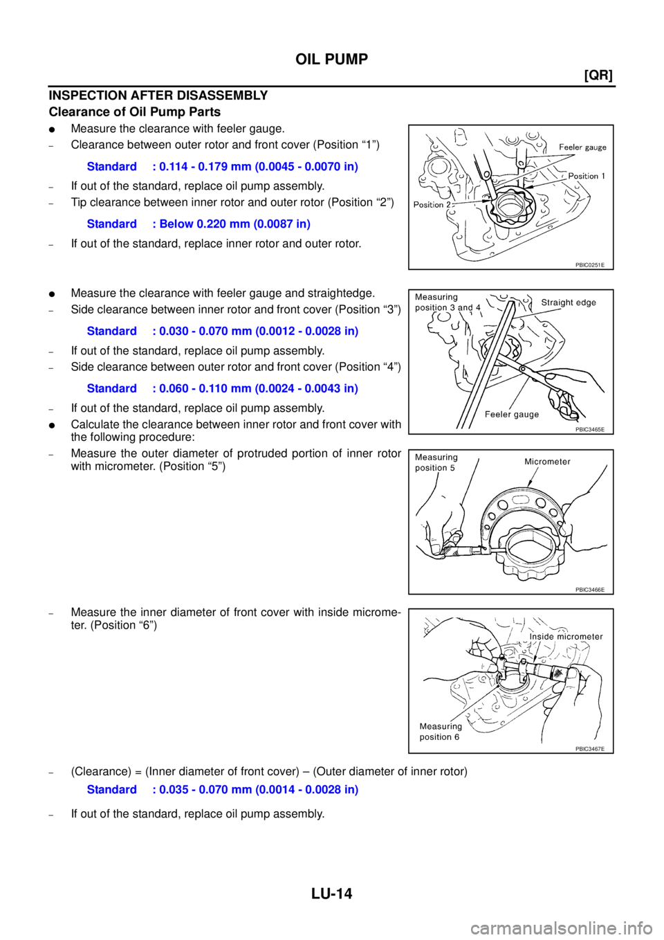 NISSAN X-TRAIL 2005  Service Repair Manual LU-14
[QR]
OIL PUMP
 
INSPECTION AFTER DISASSEMBLY
Clearance of Oil Pump Parts
Measure the clearance with feeler gauge.
–Clearance between outer rotor and front cover (Position “1”)
–If out o