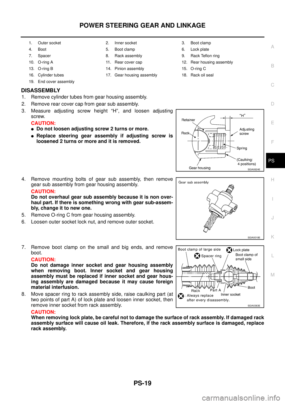 NISSAN X-TRAIL 2005  Service Repair Manual POWER STEERING GEAR AND LINKAGE
PS-19
C
D
E
F
H
I
J
K
L
MA
B
PS
 
DISASSEMBLY
1. Remove cylinder tubes from gear housing assembly.
2. Remove rear cover cap from gear sub assembly.
3. Measure adjusting