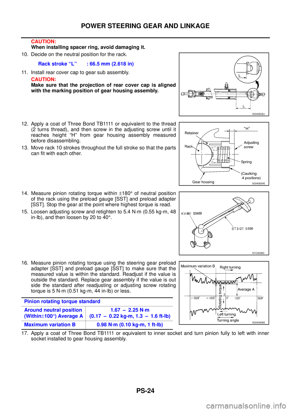 NISSAN X-TRAIL 2005  Service Repair Manual PS-24
POWER STEERING GEAR AND LINKAGE
 
CAUTION:
When installing spacer ring, avoid damaging it.
10. Decide on the neutral position for the rack.
11. Install rear cover cap to gear sub assembly.
CAUTI
