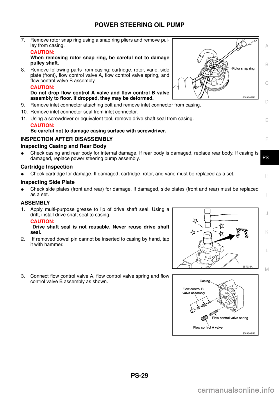 NISSAN X-TRAIL 2005  Service Repair Manual POWER STEERING OIL PUMP
PS-29
C
D
E
F
H
I
J
K
L
MA
B
PS
 
7. Remove rotor snap ring using a snap ring pliers and remove pul-
ley from casing.
CAUTION:
When removing rotor snap ring, be careful not to 