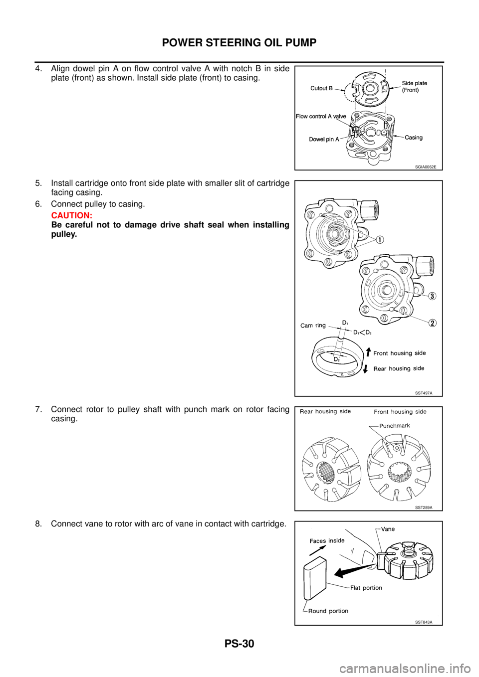 NISSAN X-TRAIL 2005  Service Repair Manual PS-30
POWER STEERING OIL PUMP
 
4. Align dowel pin A on flow control valve A with notch B in side
plate (front) as shown. Install side plate (front) to casing.
5. Install cartridge onto front side pla