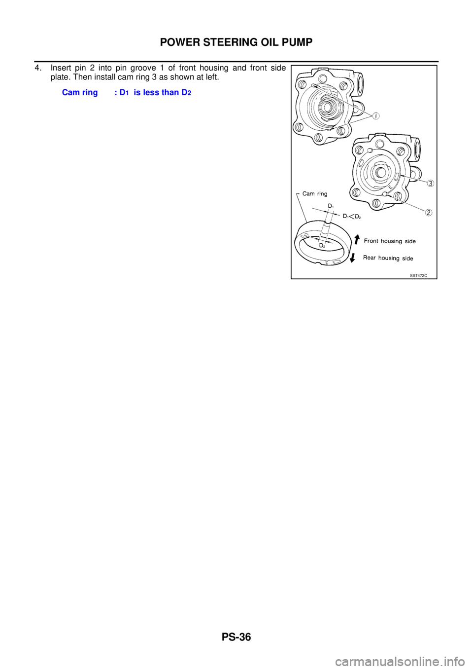 NISSAN X-TRAIL 2005  Service Repair Manual PS-36
POWER STEERING OIL PUMP
 
4. Insert pin 2 into pin groove 1 of front housing and front side
plate. Then install cam ring 3 as shown at left.
Cam ring : D
1  is less than D2
SST472C 