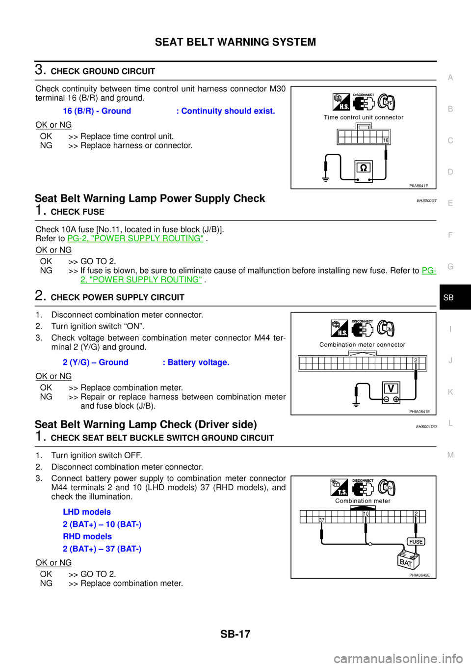 NISSAN X-TRAIL 2005  Service Repair Manual SEAT BELT WARNING SYSTEM
SB-17
C
D
E
F
G
I
J
K
L
MA
B
SB
 
3. CHECK GROUND CIRCUIT
Check continuity between time control unit harness connector M30
terminal 16 (B/R) and ground.
OK or NG
OK >> Replace