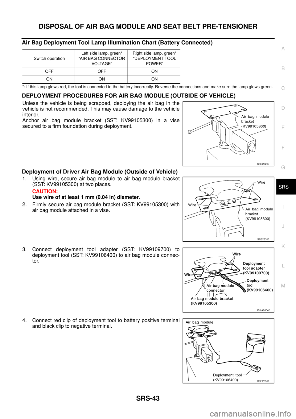 NISSAN X-TRAIL 2005  Service Repair Manual DISPOSAL OF AIR BAG MODULE AND SEAT BELT PRE-TENSIONER
SRS-43
C
D
E
F
G
I
J
K
L
MA
B
SRS
 
Air Bag Deployment Tool Lamp Illumination Chart (Battery Connected)
*: If this lamp glows red, the tool is co