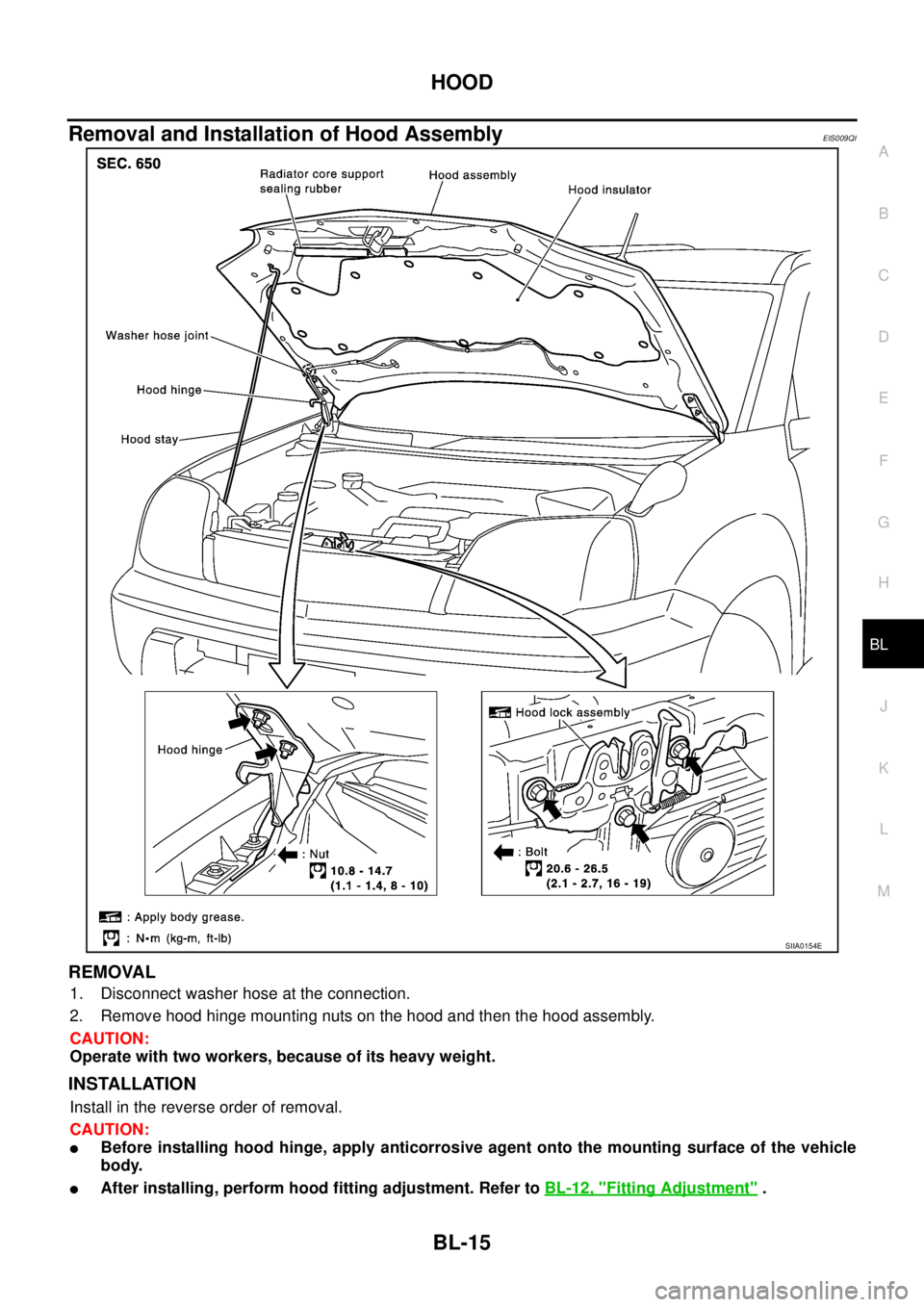 NISSAN X-TRAIL 2005  Service Repair Manual HOOD
BL-15
C
D
E
F
G
H
J
K
L
MA
B
BL
 
Removal and Installation of Hood AssemblyEIS009QI
REMOVAL
1. Disconnect washer hose at the connection.
2. Remove hood hinge mounting nuts on the hood and then th