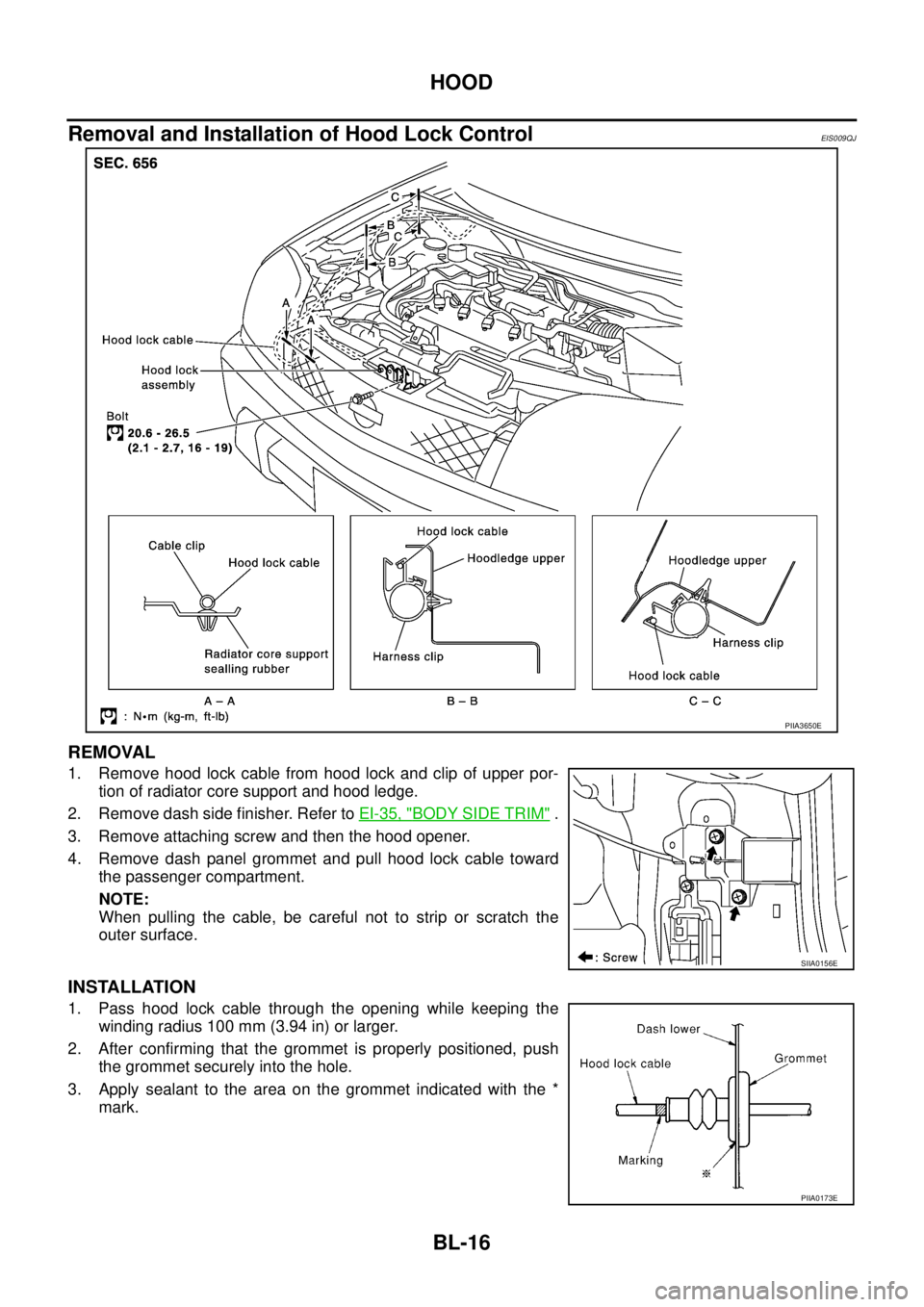 NISSAN X-TRAIL 2005  Service Repair Manual BL-16
HOOD
 
Removal and Installation of Hood Lock ControlEIS009QJ
REMOVAL
1. Remove hood lock cable from hood lock and clip of upper por-
tion of radiator core support and hood ledge.
2. Remove dash 
