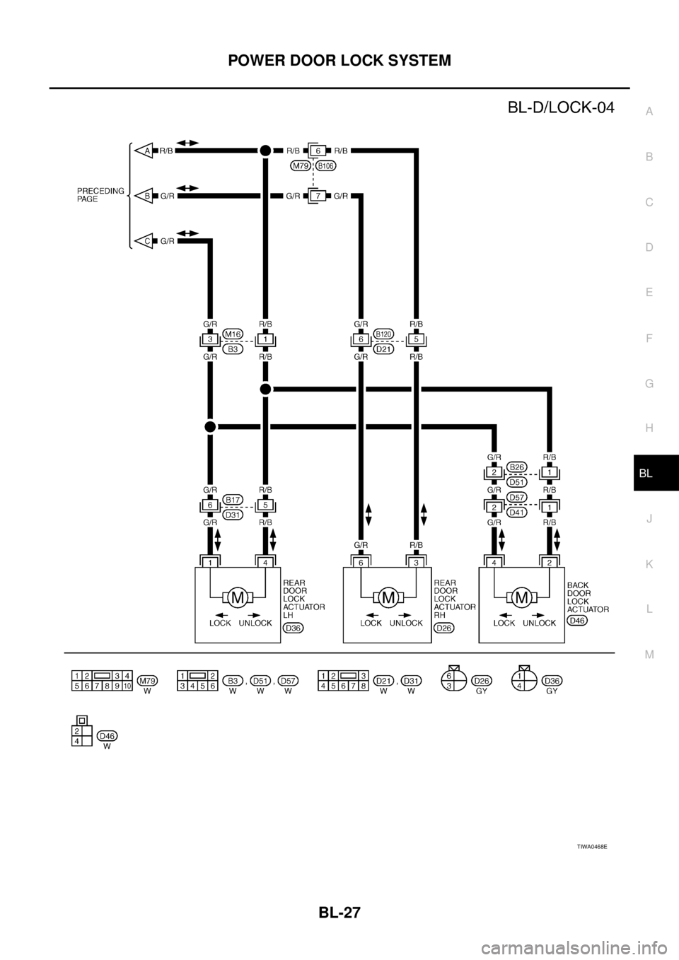 NISSAN X-TRAIL 2005  Service Repair Manual POWER DOOR LOCK SYSTEM
BL-27
C
D
E
F
G
H
J
K
L
MA
B
BL
 
TIWA0468E 