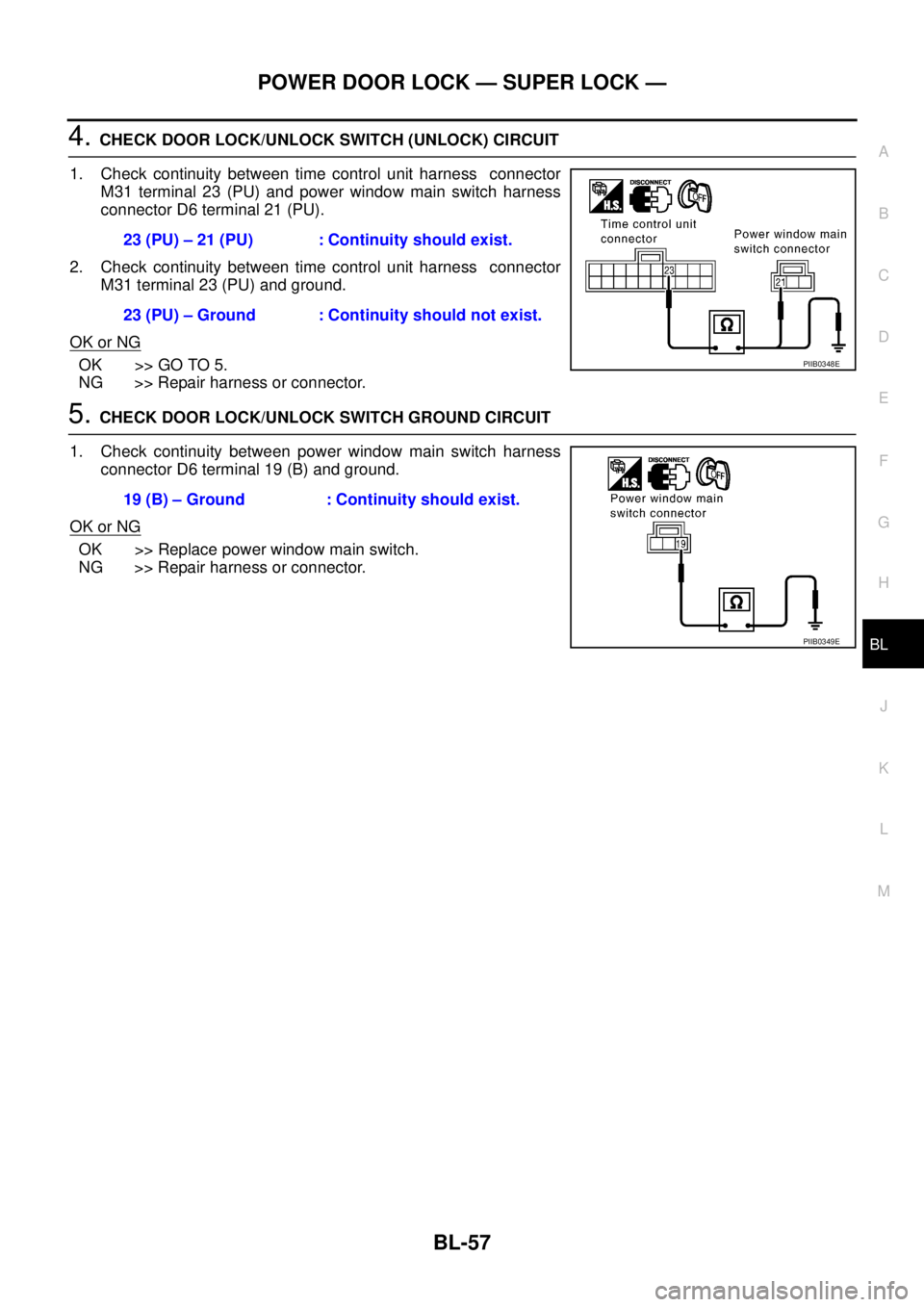 NISSAN X-TRAIL 2005  Service Repair Manual POWER DOOR LOCK — SUPER LOCK —
BL-57
C
D
E
F
G
H
J
K
L
MA
B
BL
 
4. CHECK DOOR LOCK/UNLOCK SWITCH (UNLOCK) CIRCUIT
1. Check continuity between time control unit harness  connector
M31 terminal 23 